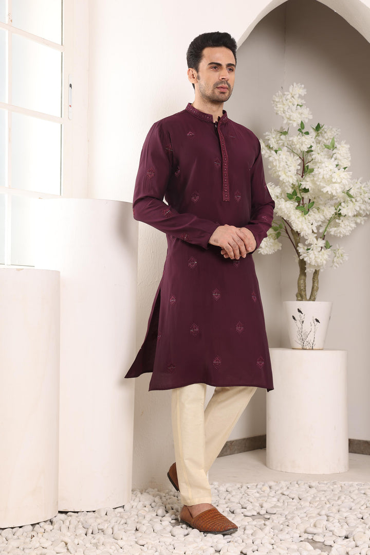Men's Purple Straight Viscose Silk Kurta with Embroidered Neckline and Motifs,Off White solid trouser style churidar | SHOBITAM