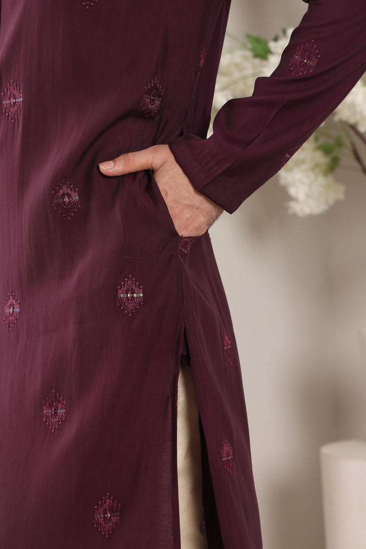 Men's Purple Straight Viscose Silk Kurta with Embroidered Neckline and Motifs,Off White solid trouser style churidar | SHOBITAM