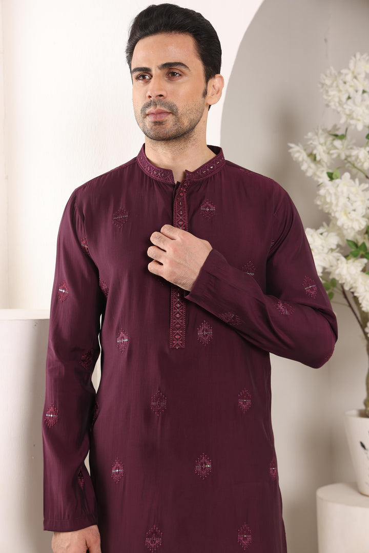 Men's Purple Straight Viscose Silk Kurta with Embroidered Neckline and Motifs,Off White solid trouser style churidar | SHOBITAM