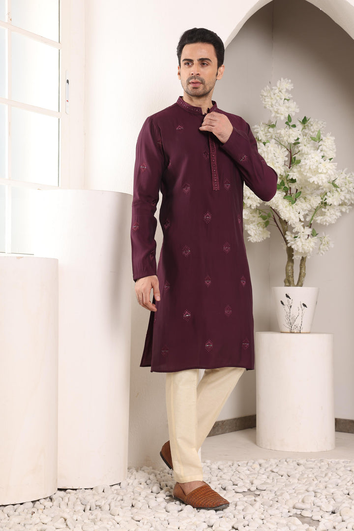 Men's Purple Straight Viscose Silk Kurta with Embroidered Neckline and Motifs,Off White solid trouser style churidar | SHOBITAM
