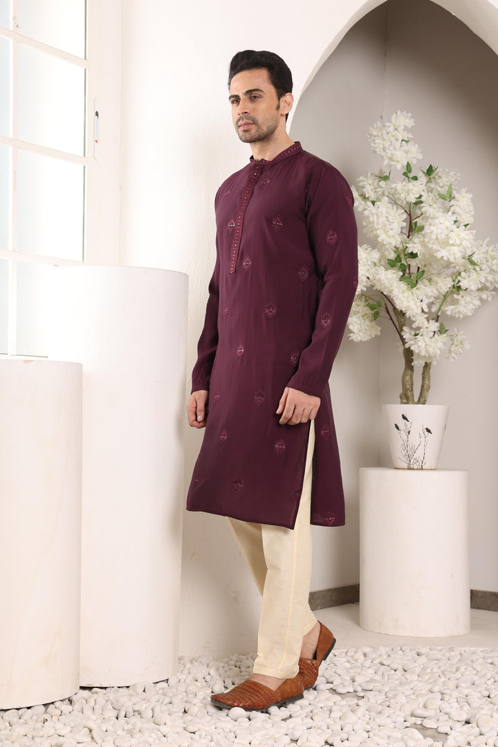 Men's Purple Straight Viscose Silk Kurta with Embroidered Neckline and Motifs,Off White solid trouser style churidar | SHOBITAM