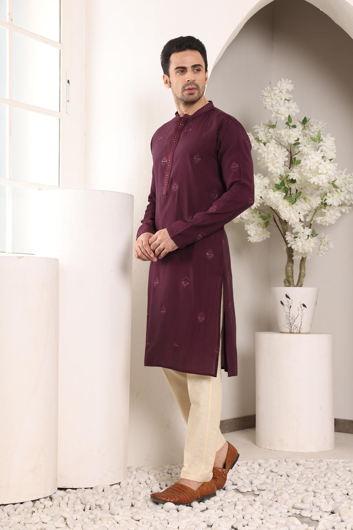 Men's Purple Straight Viscose Silk Kurta with Embroidered Neckline and Motifs,Off White solid trouser style churidar | SHOBITAM