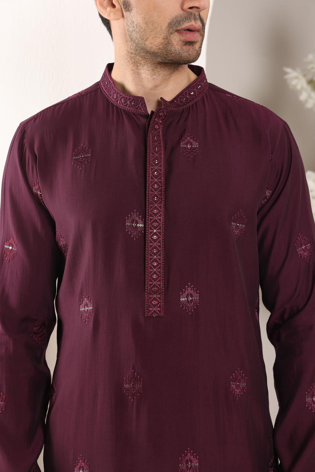 Men's Purple Straight Viscose Silk Kurta with Embroidered Neckline and Motifs,Off White solid trouser style churidar | SHOBITAM