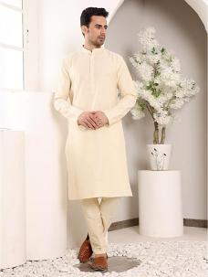 Men's Sea Cream Straight Viscose Silk Kurta with Slub Effect,Cream solid trouser style churidar | SHOBITAM