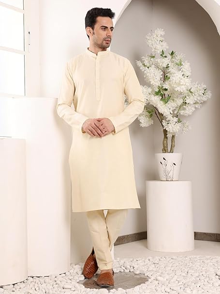 Men's Long Sleeve Mandarin Collar Sea Cream Straight Viscose Silk Kurta with Slub Effect | SHOBITAM