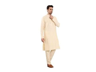 Men's Sea Cream Straight Viscose Silk Kurta with Slub Effect,Cream solid trouser style churidar | SHOBITAM