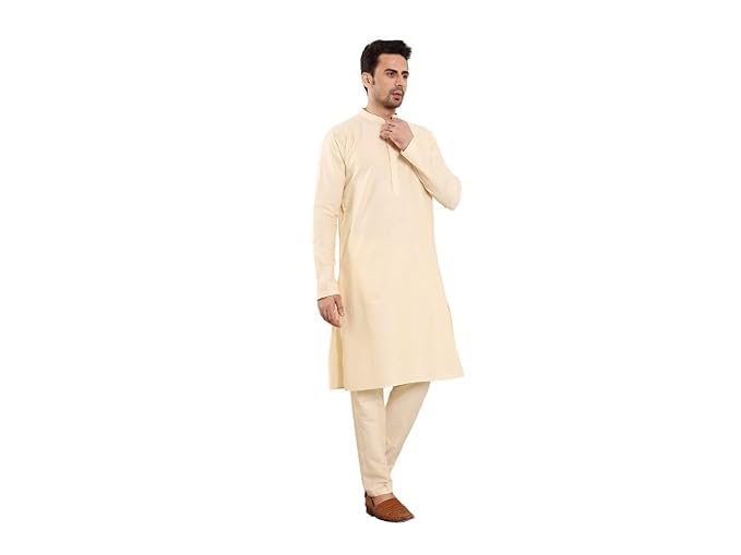 Men's Long Sleeve Mandarin Collar Sea Cream Straight Viscose Silk Kurta with Slub Effect | SHOBITAM