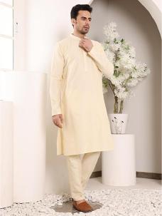Men's Sea Cream Straight Viscose Silk Kurta with Slub Effect,Cream solid trouser style churidar | SHOBITAM