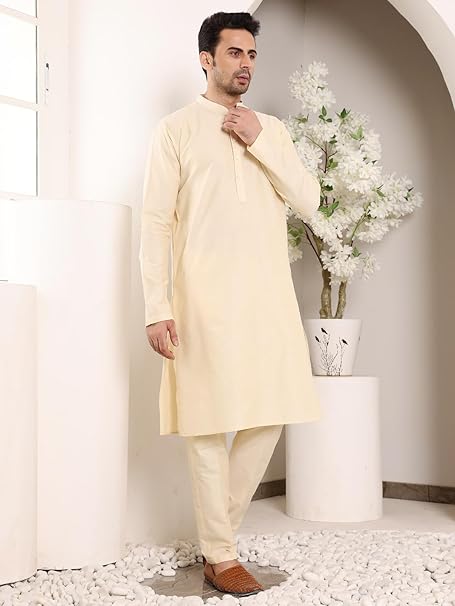 Men's Long Sleeve Mandarin Collar Sea Cream Straight Viscose Silk Kurta with Slub Effect | SHOBITAM