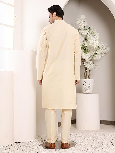 Men's Long Sleeve Mandarin Collar Sea Cream Straight Viscose Silk Kurta with Slub Effect | SHOBITAM
