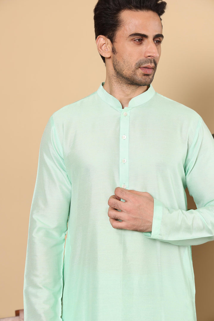 Men's Long Sleeve Sea Green Straight Viscose Silk Kurta with Slub Effect,and Sea Green Solid Churidar | SHOBITAM