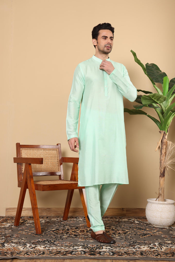 Men's Long Sleeve Sea Green Straight Viscose Silk Kurta with Slub Effect,and Sea Green Solid Churidar | SHOBITAM