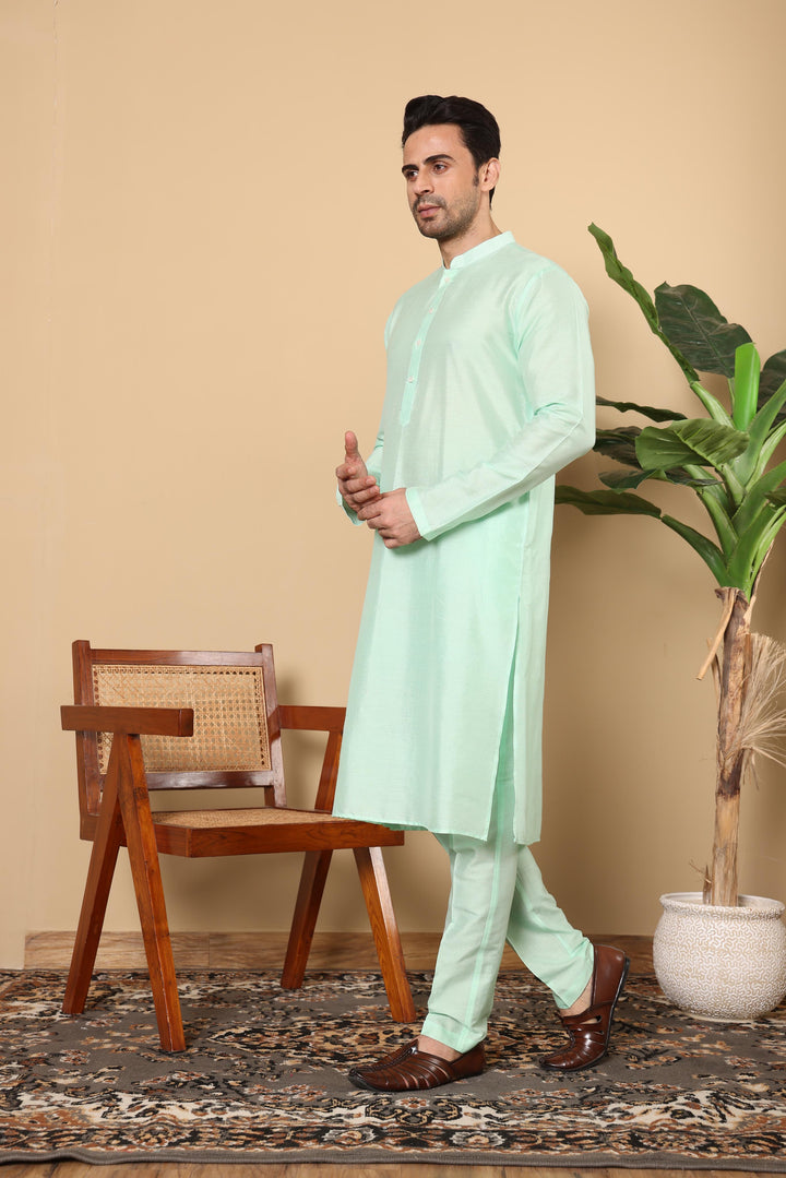 Men's Long Sleeve Sea Green Straight Viscose Silk Kurta with Slub Effect,and Sea Green Solid Churidar | SHOBITAM