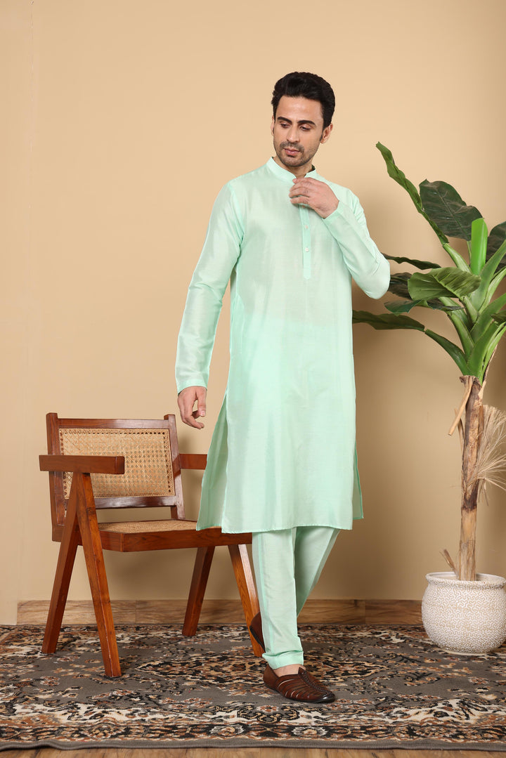 Men's Long Sleeve Sea Green Straight Viscose Silk Kurta with Slub Effect,and Sea Green Solid Churidar | SHOBITAM