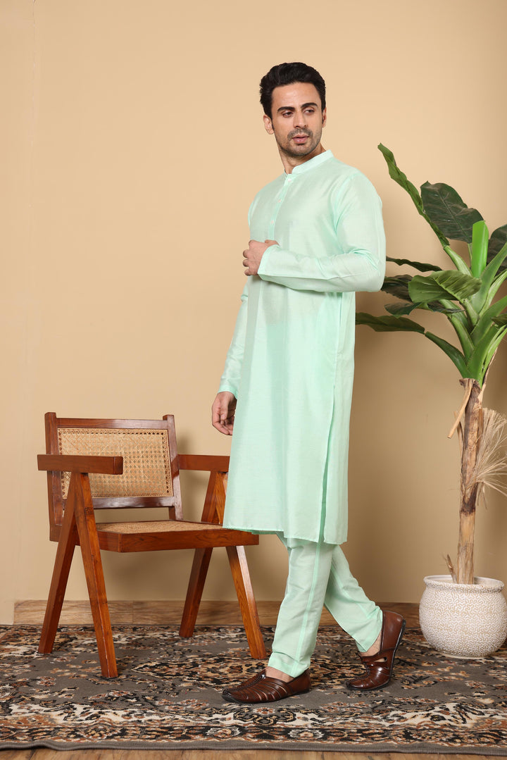 Men's Long Sleeve Sea Green Straight Viscose Silk Kurta with Slub Effect,and Sea Green Solid Churidar | SHOBITAM