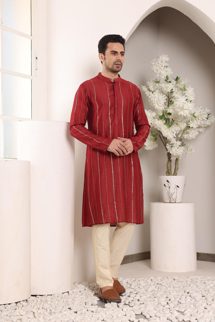 Men's Red Straight Viscose Silk Kurta with Embroidered Neckline and Motifs,Cream solid trouser style churidar | SHOBITAM