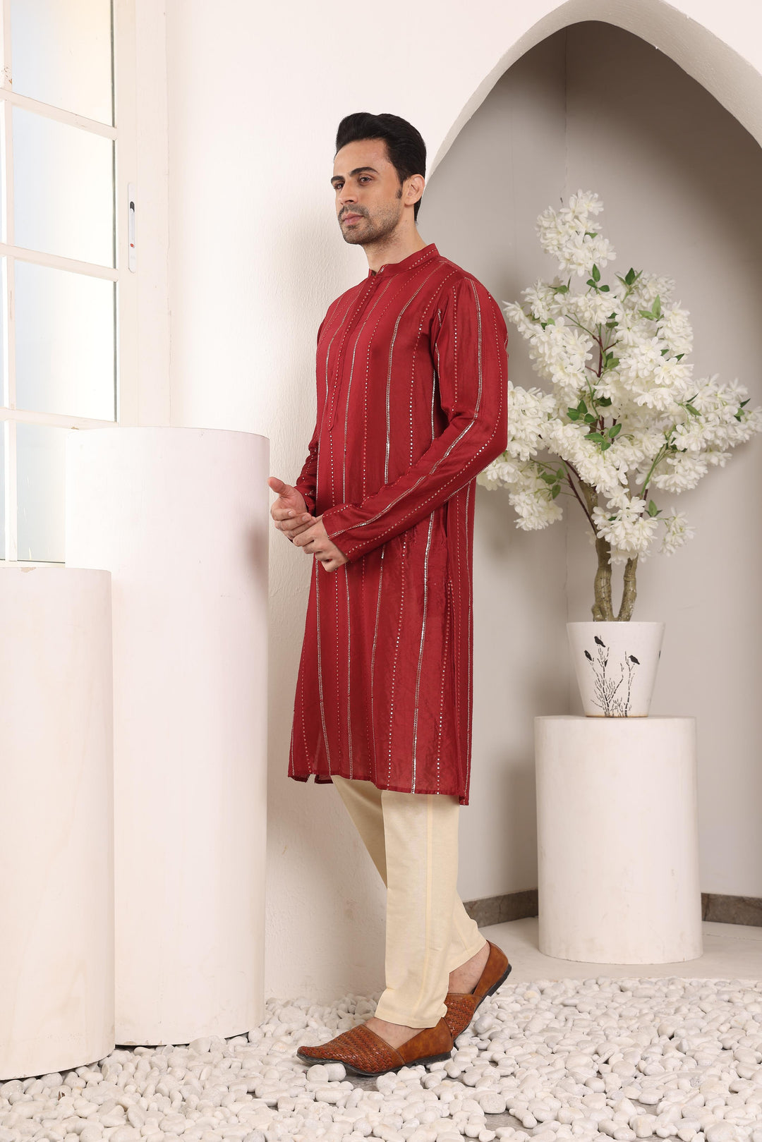 Men's Red Straight Viscose Silk Kurta with Embroidered Neckline and Motifs,Cream solid trouser style churidar | SHOBITAM
