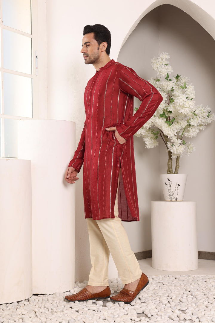 Men's Red Straight Viscose Silk Kurta with Embroidered Neckline and Motifs,Cream solid trouser style churidar | SHOBITAM