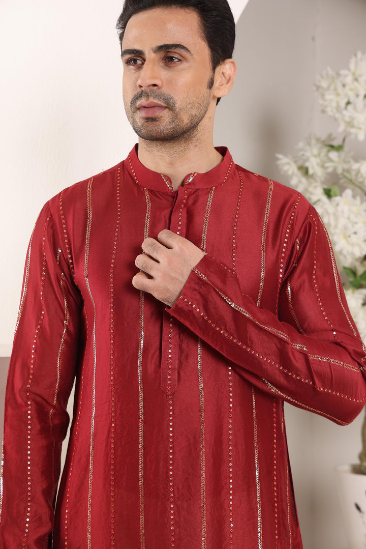 Men's Red Straight Viscose Silk Kurta with Embroidered Neckline and Motifs,Cream solid trouser style churidar | SHOBITAM