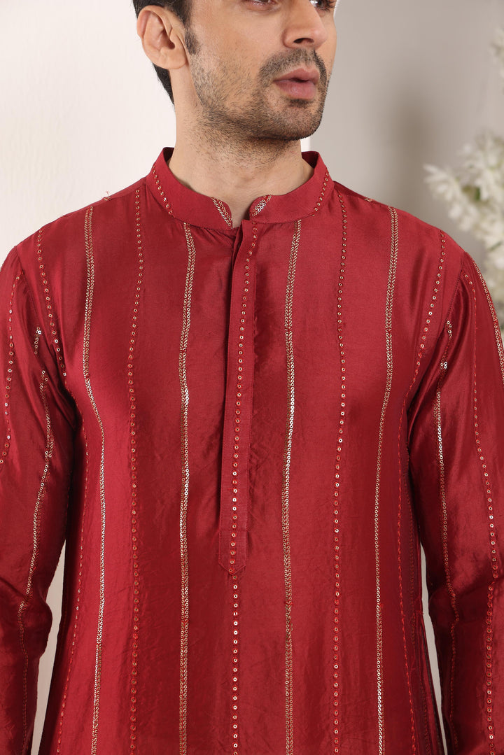 Men's Red Straight Viscose Silk Kurta with Embroidered Neckline and Motifs,Cream solid trouser style churidar | SHOBITAM