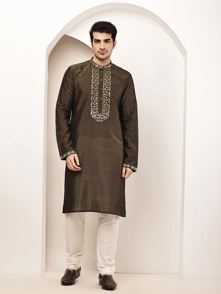 Men’s Straight Moss Green Viscose Silk Zari-Work Kurta Pyjama Set | SHOBITAM