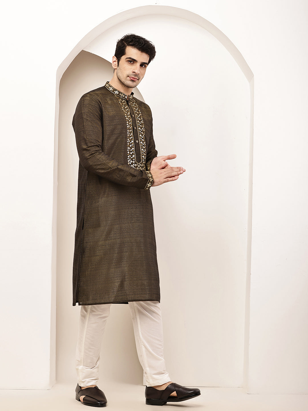 Men’s Straight Moss Green Viscose Silk Zari-Work Kurta | SHOBITAM