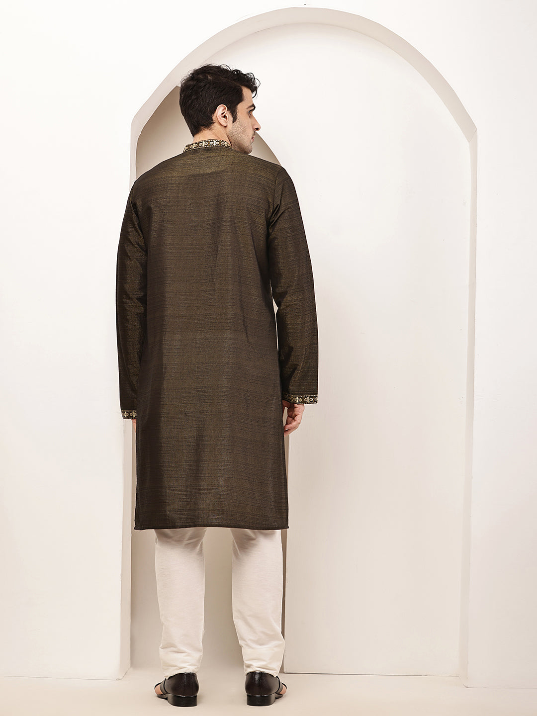 Men’s Straight Moss Green Viscose Silk Zari-Work Kurta Pyjama Set | SHOBITAM