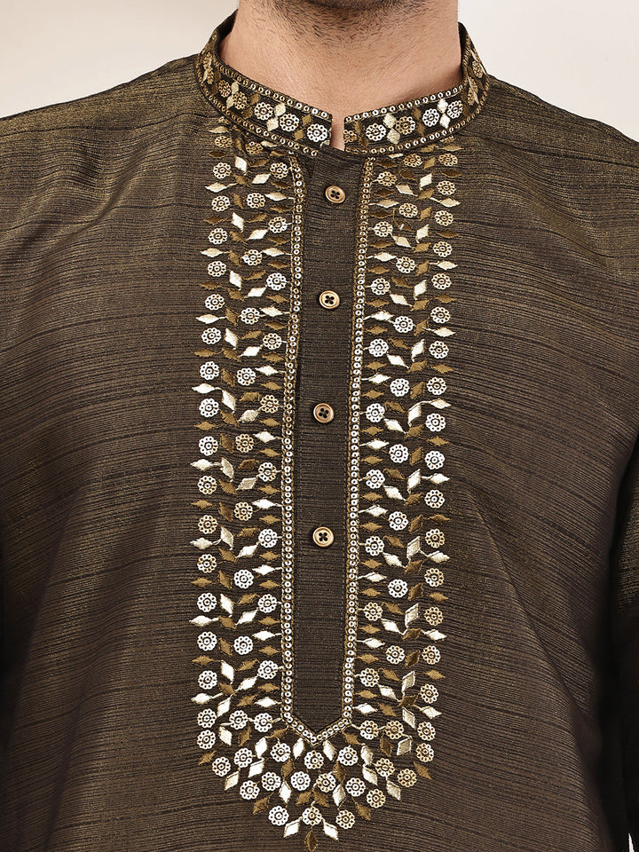 Men’s Straight Moss Green Viscose Silk Zari-Work Kurta | SHOBITAM