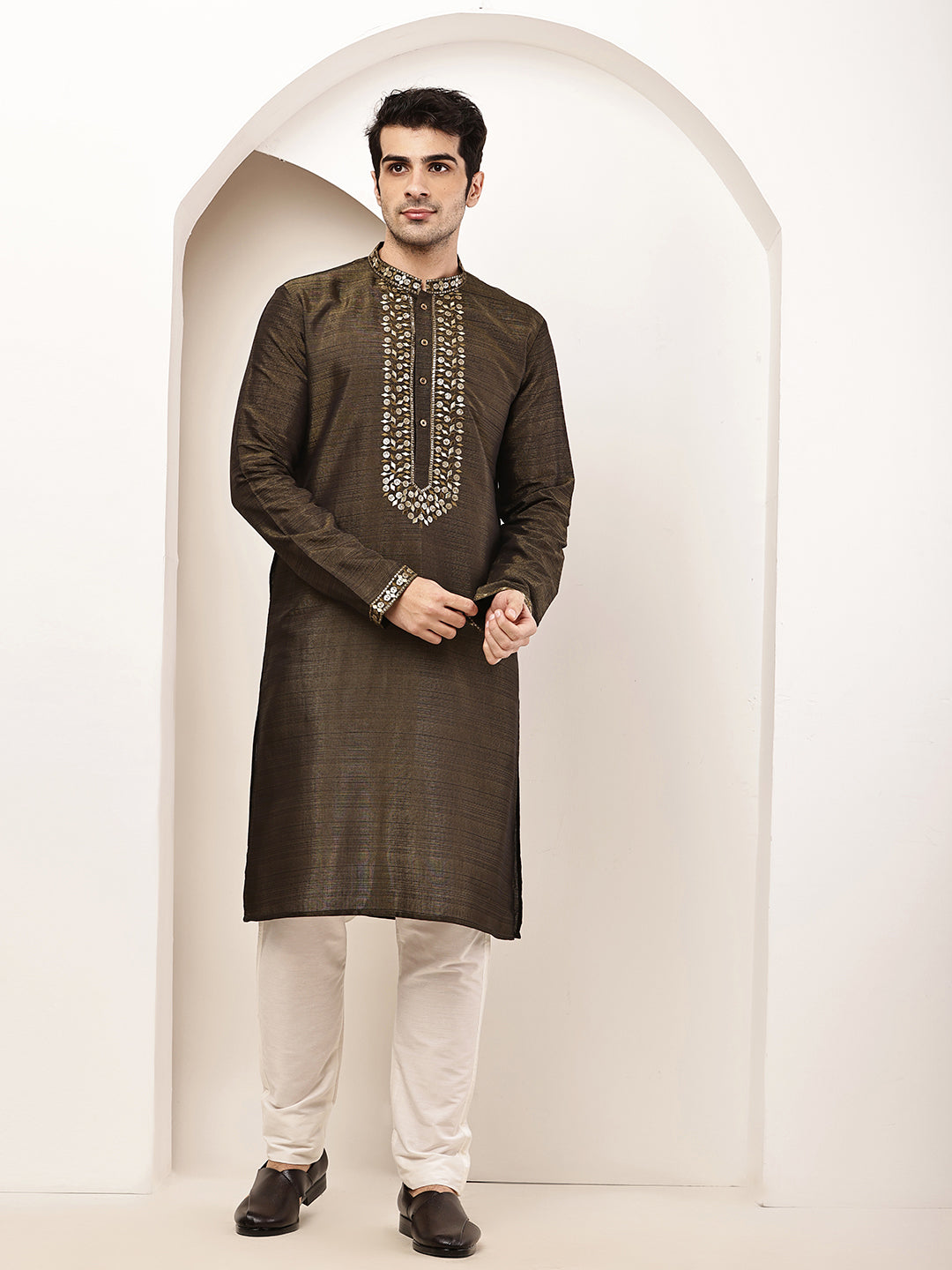 Men’s Straight Moss Green Viscose Silk Zari-Work Kurta | SHOBITAM