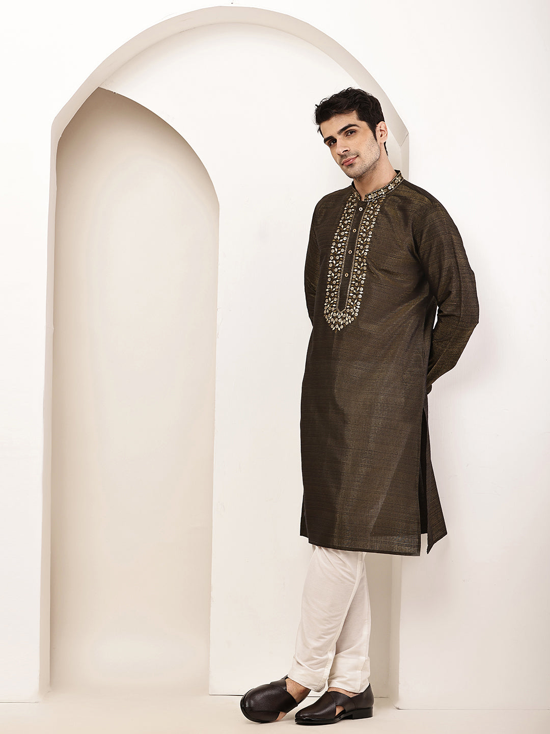 Men’s Straight Moss Green Viscose Silk Zari-Work Kurta | SHOBITAM