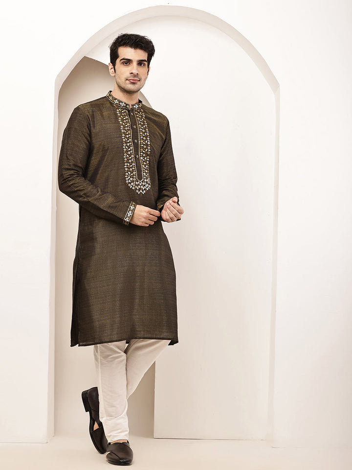 Men’s Straight Moss Green Viscose Silk Zari-Work Kurta | SHOBITAM
