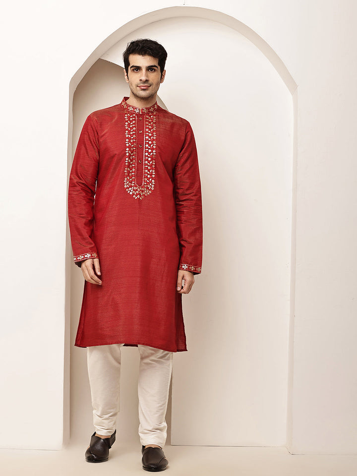 Men’s Straight Red Viscose Silk Zari-Work Kurta | SHOBITAM