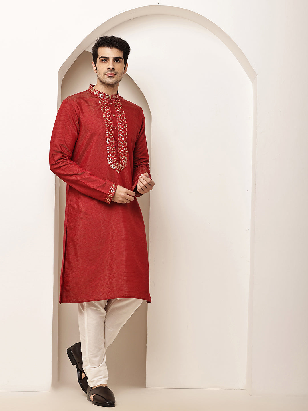 Men’s Straight Red Viscose Silk Zari-Work Kurta | SHOBITAM