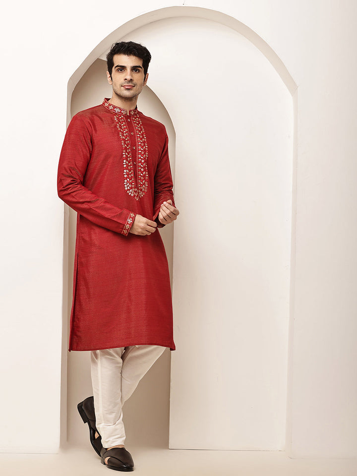 Men’s Straight Red Viscose Silk Zari-Work Kurta | SHOBITAM