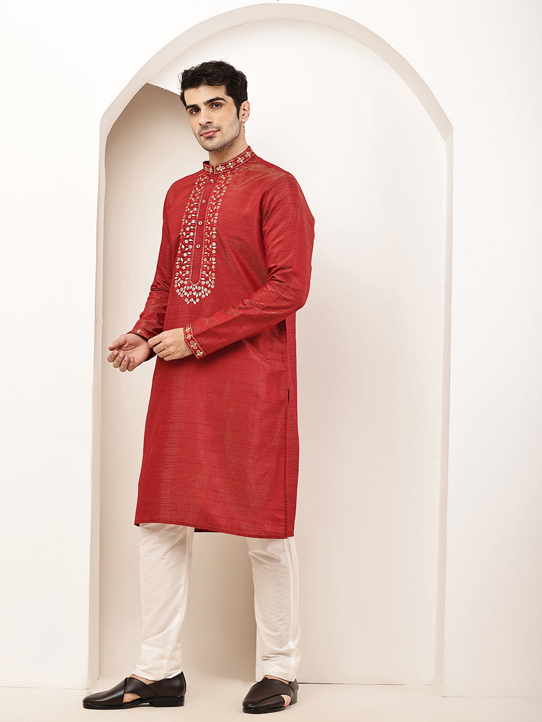 Men’s Straight Red Viscose Silk Zari-Work Kurta Pyjama Set | SHOBITAM