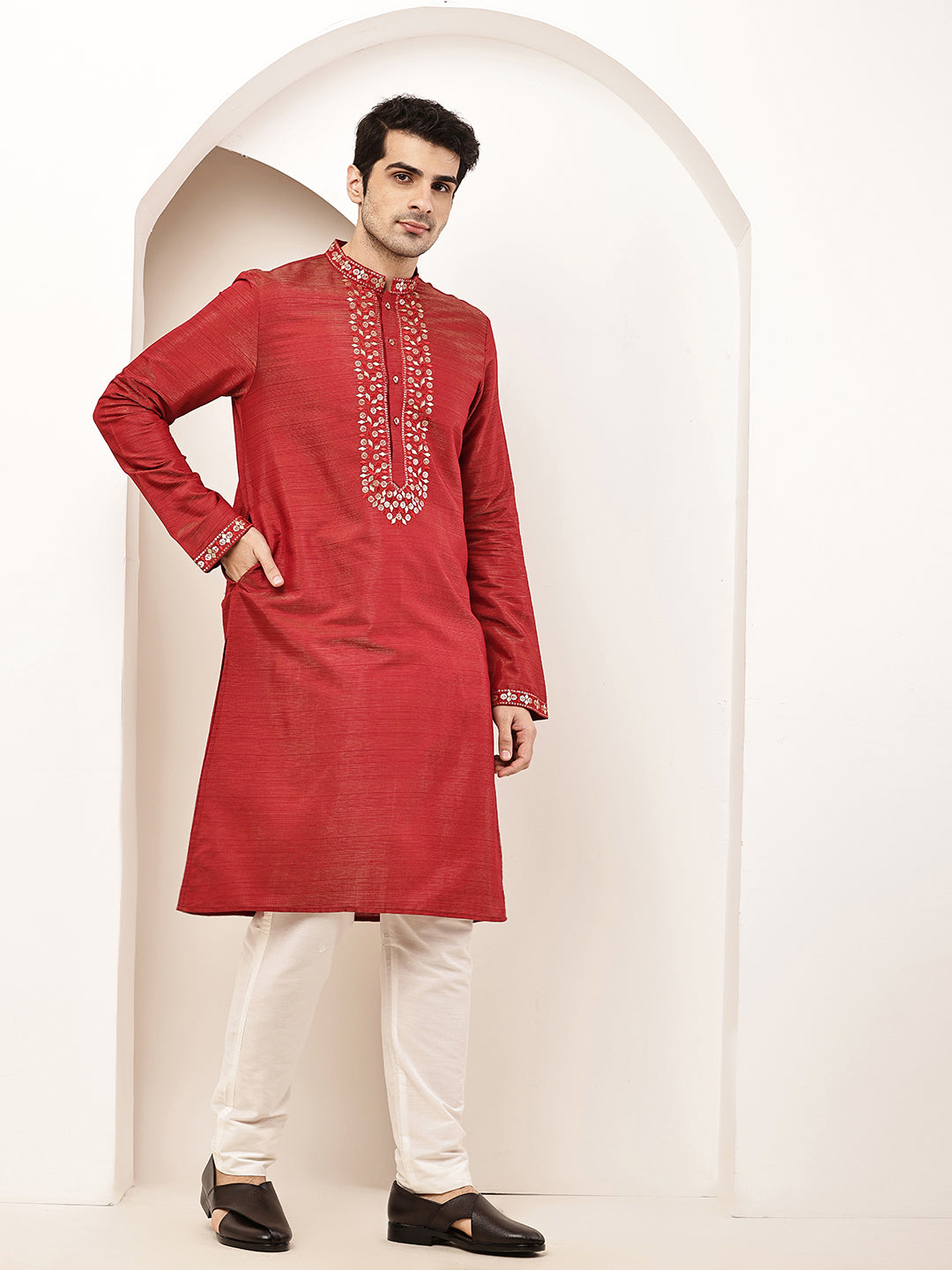 Men’s Straight Red Viscose Silk Zari-Work Kurta | SHOBITAM