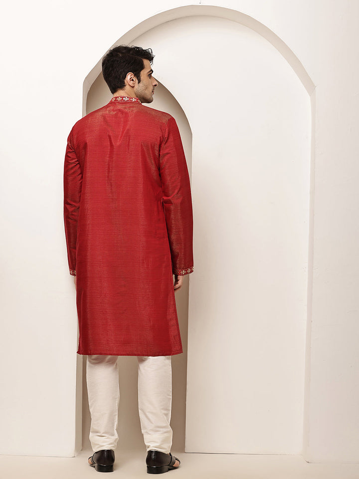 Men’s Straight Red Viscose Silk Zari-Work Kurta | SHOBITAM
