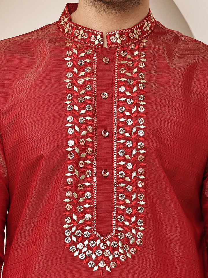 Men’s Straight Red Viscose Silk Zari-Work Kurta Pyjama Set | SHOBITAM