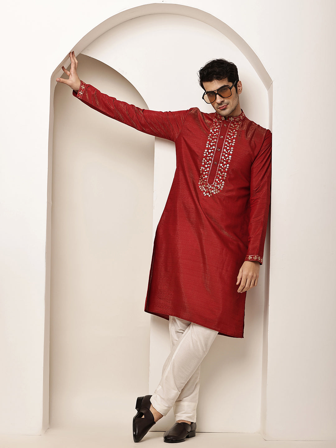 Men’s Straight Red Viscose Silk Zari-Work Kurta | SHOBITAM