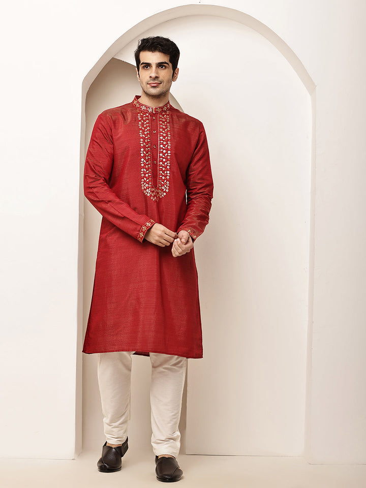 Men’s Straight Red Viscose Silk Zari-Work Kurta | SHOBITAM