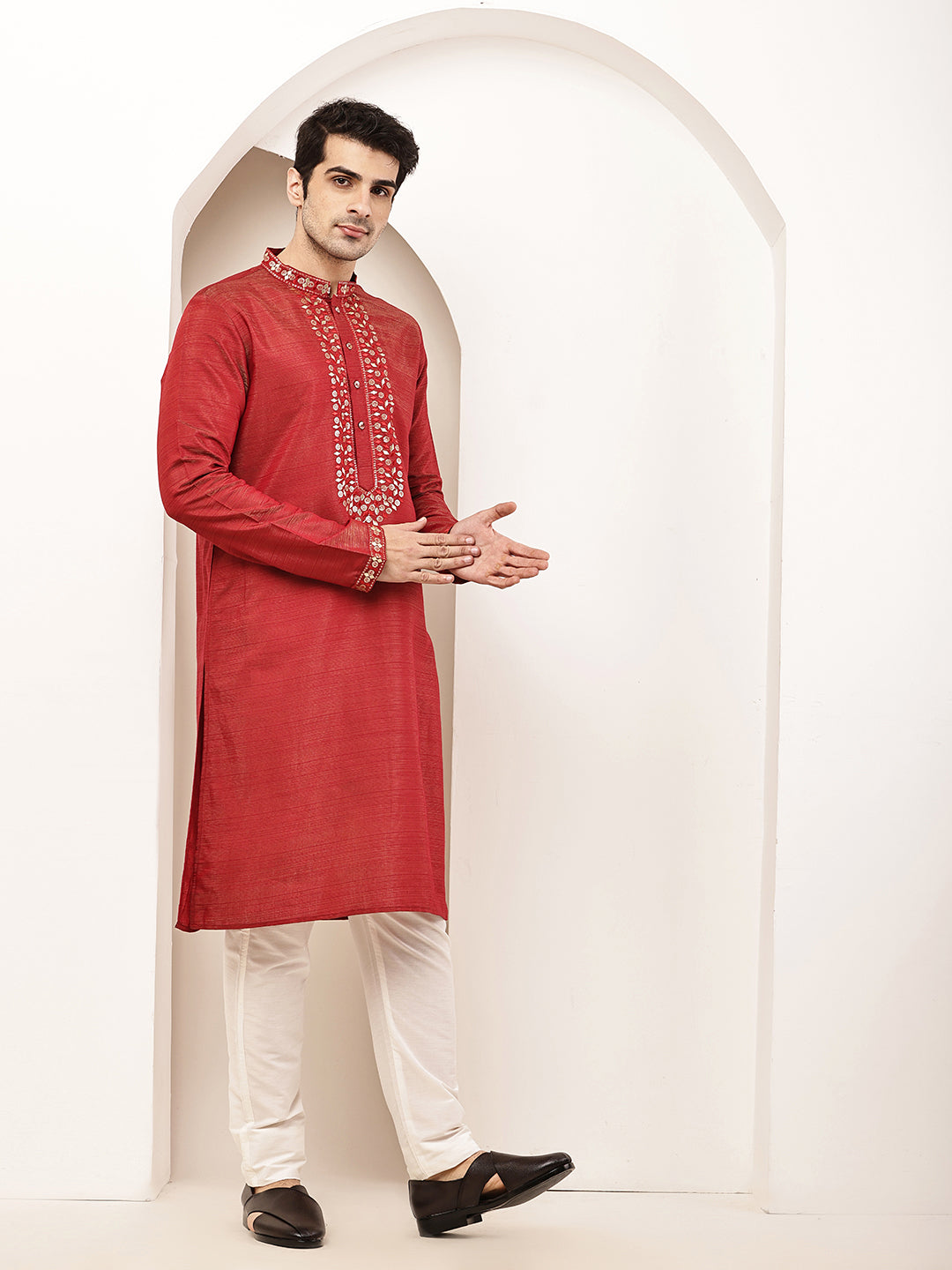 Men’s Straight Red Viscose Silk Zari-Work Kurta | SHOBITAM