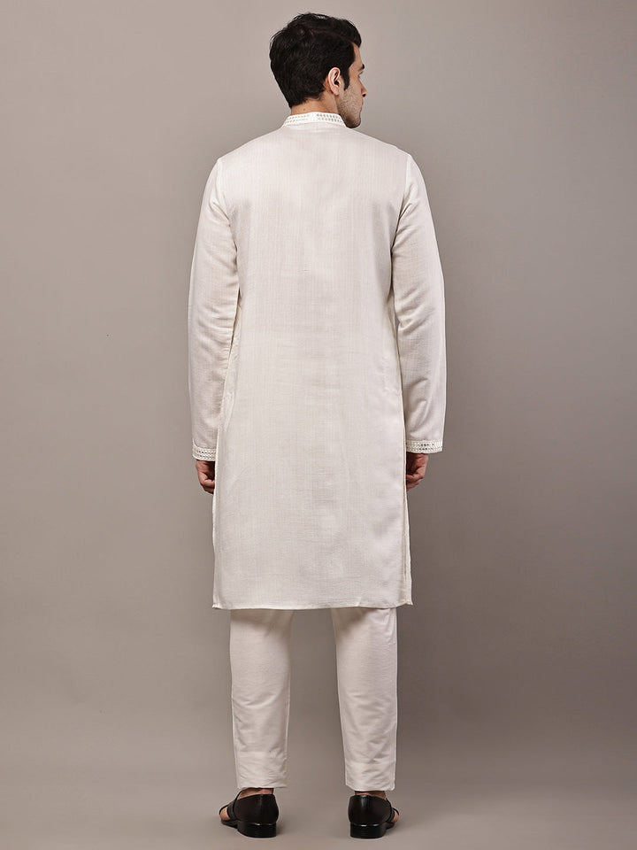 Men’s Ivory White Textured Threadwork Kurta Pyjama Set | SHOBITAM