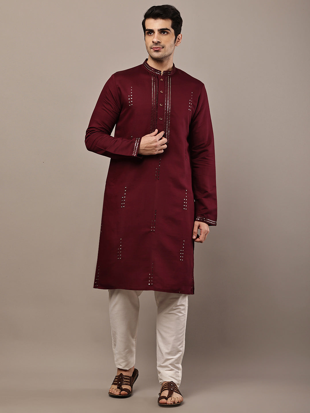 Men’s Ivory Maroon Textured Threadwork Kurta | SHOBITAM