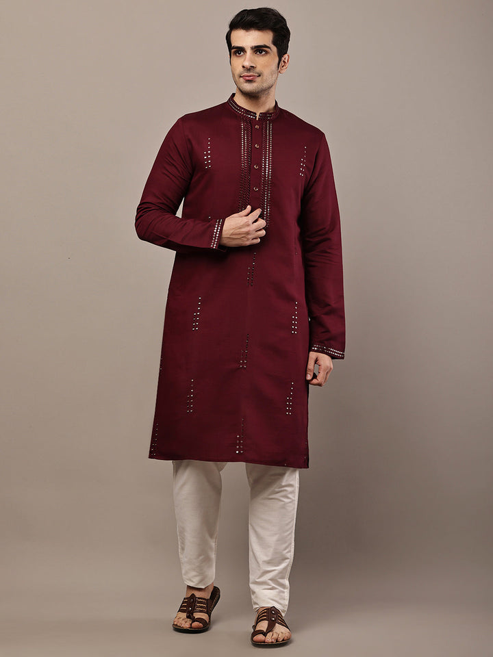 Men’s Ivory Maroon Textured Threadwork Kurta | SHOBITAM