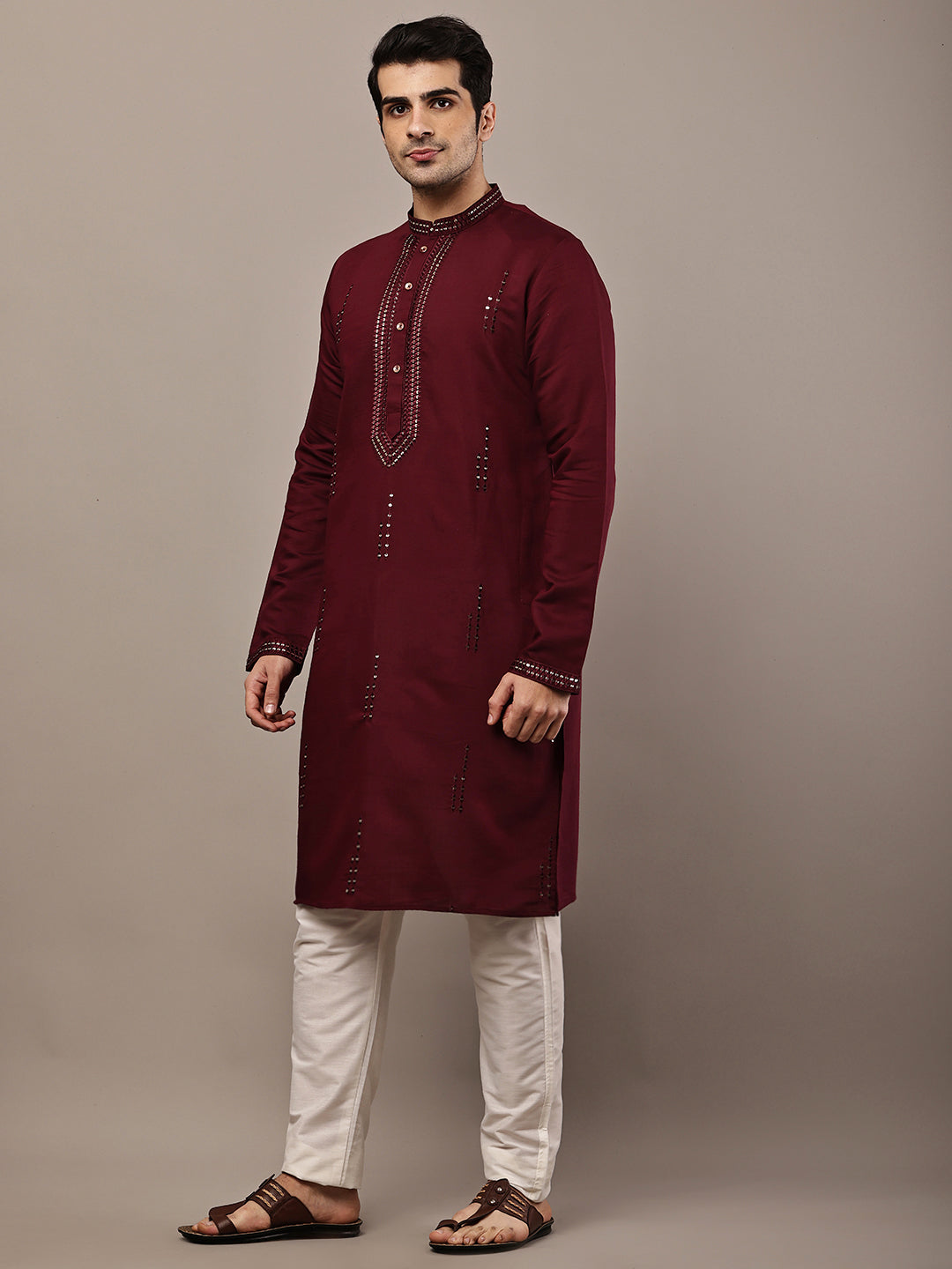 Men’s Ivory Maroon Textured Threadwork Kurta | SHOBITAM