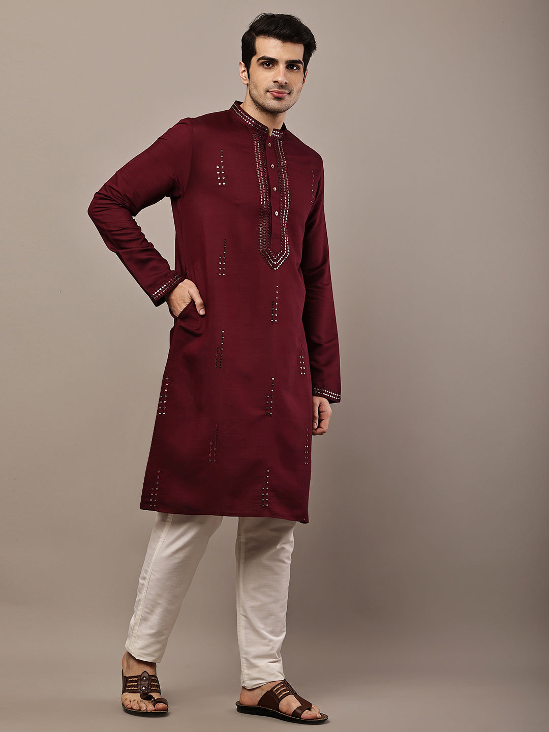 Men’s Ivory Maroon Textured Threadwork Kurta | SHOBITAM