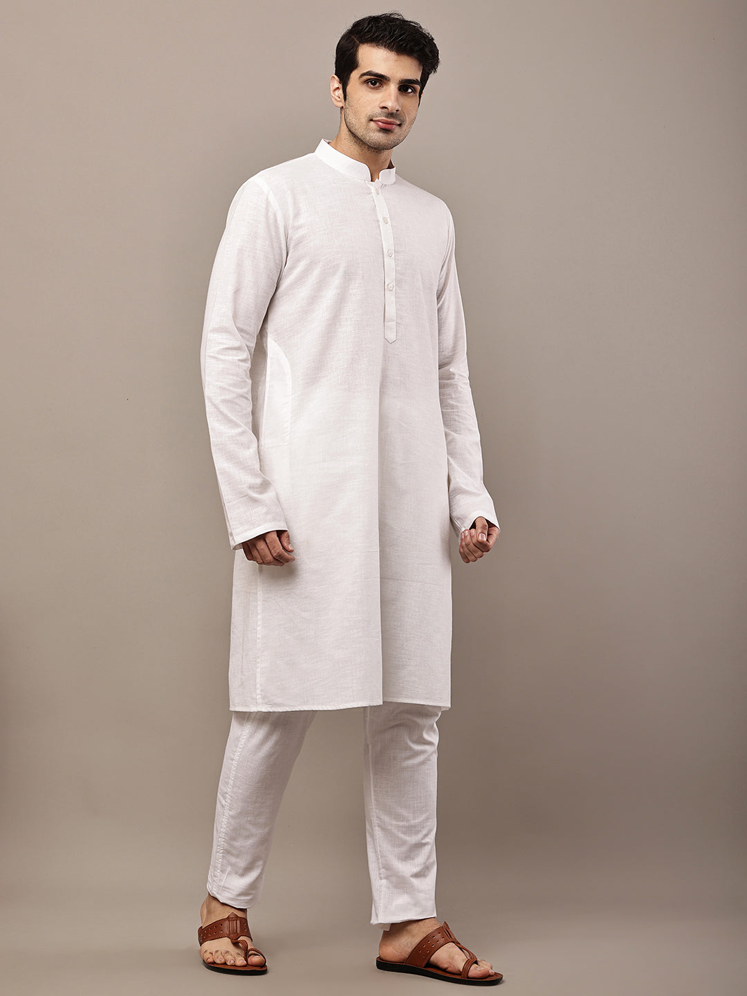 Men's White Straight Viscose Silk Kurta | SHOBITAM