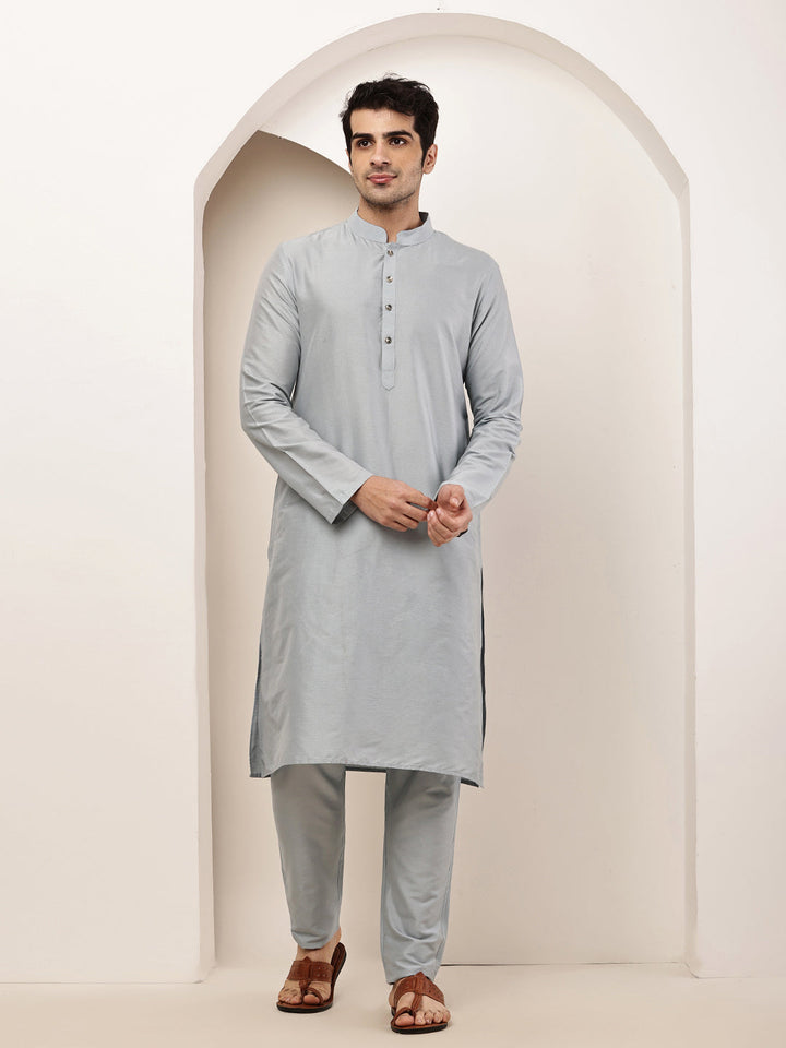 Men's Blue Straight Viscose Silk Kurta Pyjama Set | SHOBITAM