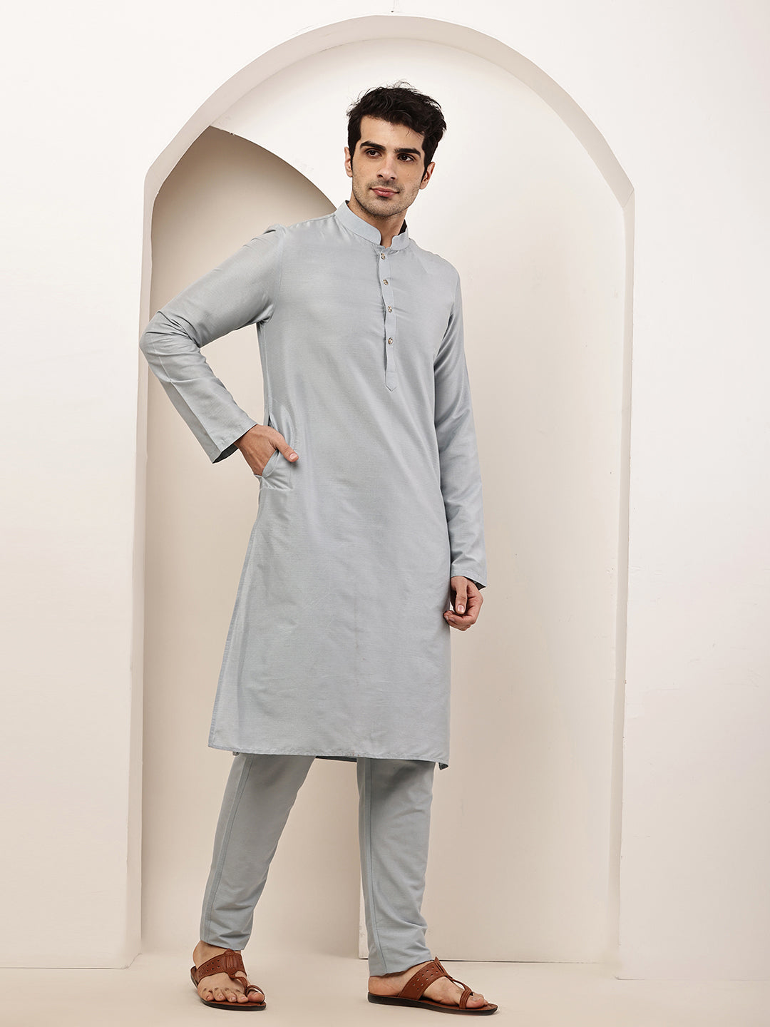 Men's Blue Straight Viscose Silk Kurta Pyjama Set | SHOBITAM