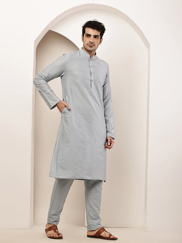 Men's Blue Straight Viscose Silk Kurta Pyjama Set | SHOBITAM